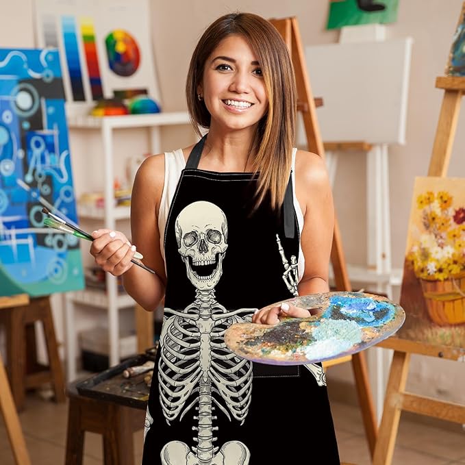 Britimes Skeleton Rock Skull Halloween Apron Home Kitchen Cooking Baking Gardening for Women Men with Pockets 32x28 inch