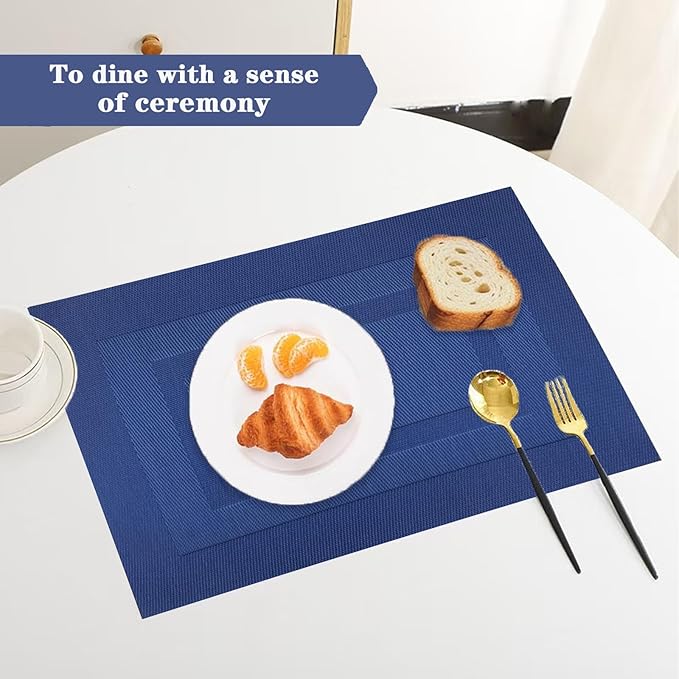Blue Frame Placemats Set of 2 - Heat Resistant Non-Slip Place mats for Dining Table, Washable Durable PVC Vinyl Woven Table Mats (Blue Frame, 2)