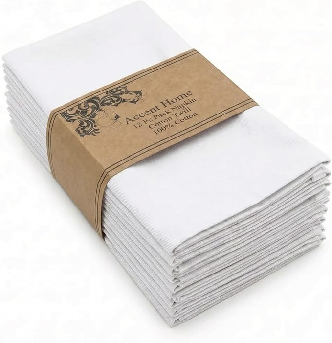 ACCENTHOME Accent Home 100% Cotton Napkins, Delicate Cloth Napkins for Dinners, Parties and Weddings，18 x 18 Inch Set of 12 - White