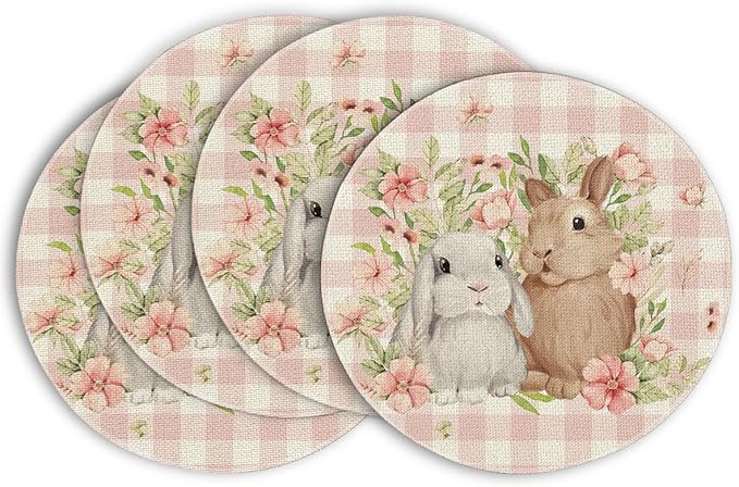 Artoid Mode Easter Round Placemats Set of 4, 14 Inch Buffalo Plaid Bunnys Flowers Spring Round Table Mats for Easter Party Dining Decoration