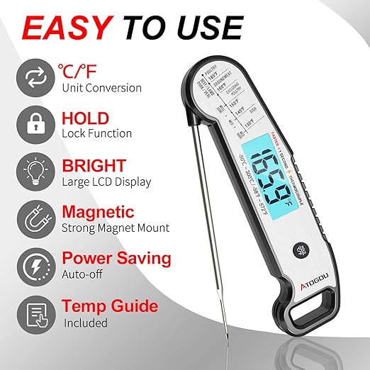 Atogou Meat Thermometer, Professional Food Thermometer, <1 Sec Instant Read, ±0.5℉ Accuracy, Thermocouple Sensor, Waterproof Digital Thermometer for Cooking, BBQ, Grill, Him Dad Birthday Gifts, Silver