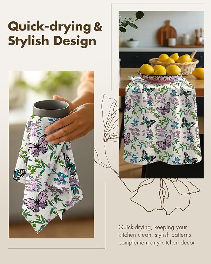 Miss Adola Flour Sack Kitchen Towels - Set of 2 Cotton Dish Towels with Hanging Loop Decorative 18x26 Inch Absorbent Cute Design for Housewarming Gifts, Purple Butterfly