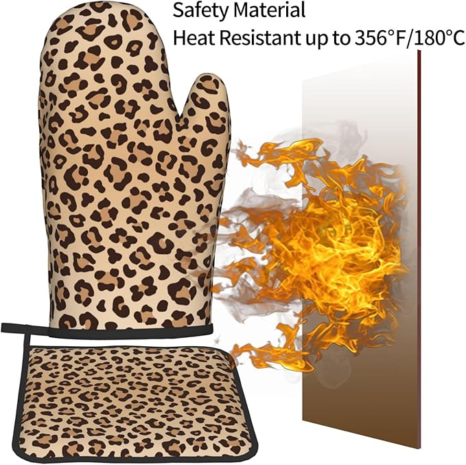 Leopard Print Oven Mitts and Pot Holders Animal Skin Heat Resistant Oven Mitts Safe for Baking Cooking BBQ