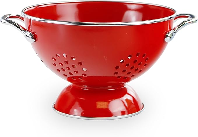 Reston Lloyd, 1.5 Quart Powder Coated Steel Kitchen Strainer Basket for draining Pasta, Vegetable and Fruit, Chrome Handles and Wide Stable Base, Red