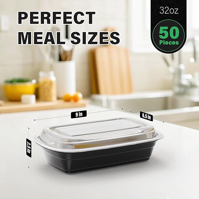 WUHUIXOZ Meal Prep Container, 50 Pack 32 oz Food Storage Containers with Lids, Disposable Bento Box Reusable Plastic Lunch Box, BPA Free Take-Out Box Microwave Dishwasher Freezer Safe
