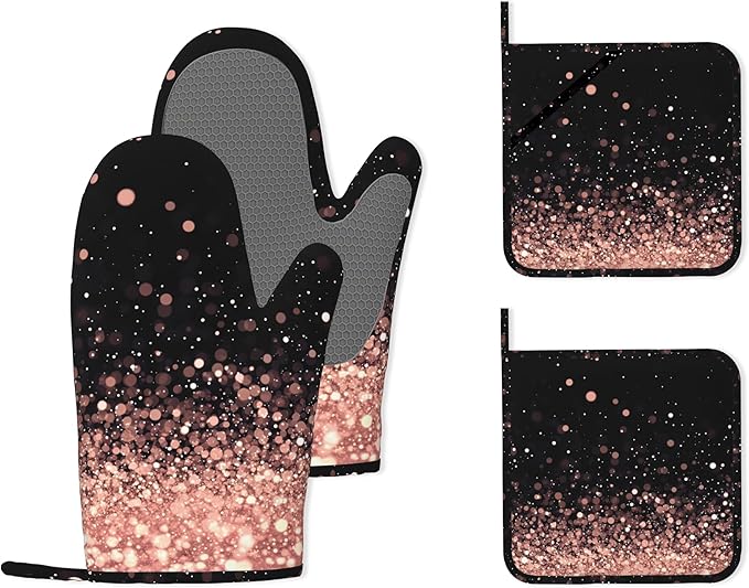 Rose Gold Glitter Silicone Oven Mitts and Pot Holders,Heat-Resistant 4 Piece Kitchen Set Non-Slip Oven Gloves and Hot Pads for Cooking, Baking, Grilling,BBQ