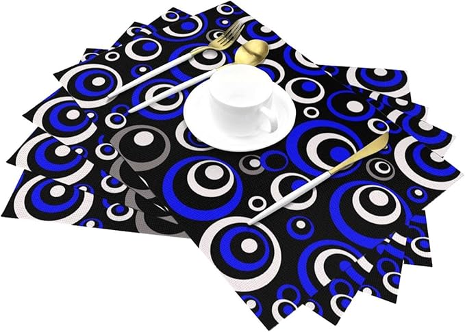 Blue Black Geometric Circle Linen Placemats Set of 4, Washable Heat Resistant Table Mats for Dining Table Kitchen, Tech - Themed Party Wedding Outdoor Holiday, Modern Home Decor, 12" x 18" Place Mats