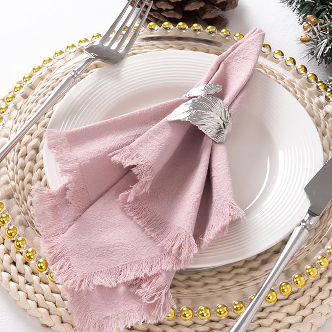 DeZerlor 6 Pack Pink Cotton Linen Napkins with Fringe Spring Cloth Napkins Set of 6 Boho Handmade Dinner Napkins Bulk for Wedding Bridal Baby Shower Parties, 17 x 17 Inches