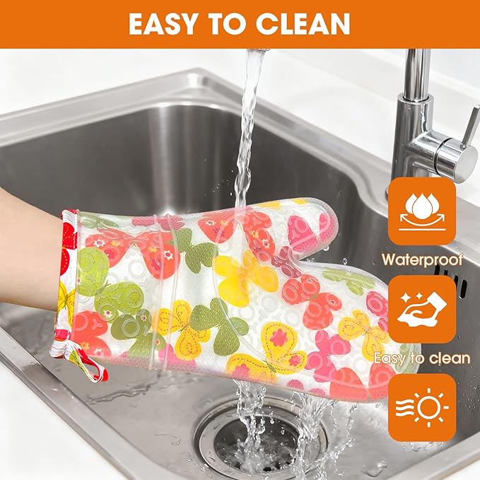 Silicone Oven Mitts Set Heat Resistant 2PCS Kitchen Mittens with Soft Cotton Lining Long Waterproof Non-Slip Oven Gloves for Cooking, BBQ, Baking-Flower