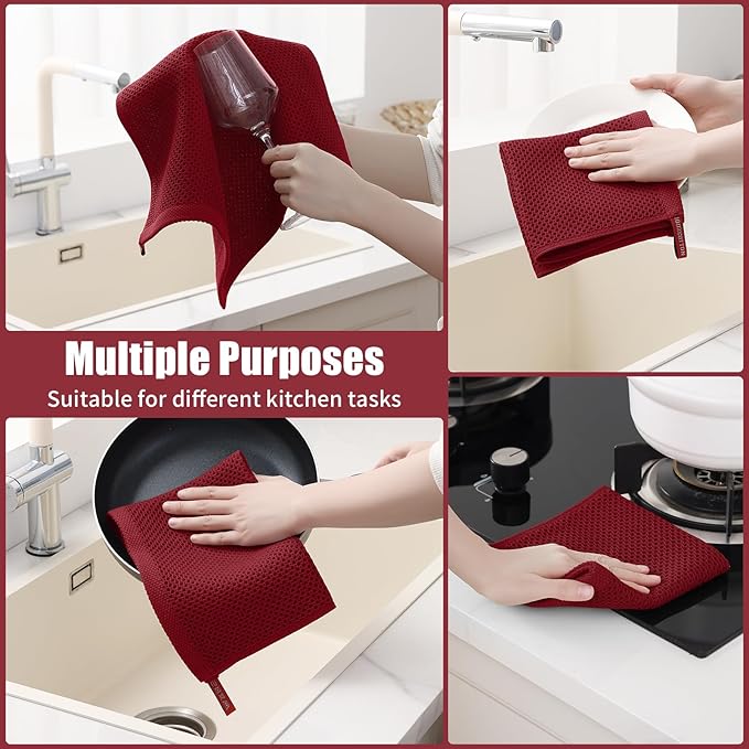 Kitinjoy 100% Cotton Kitchen Towels and Dishcloths Set, 8 Pack-13" x 28" and 12" x 12" Waffle Weave Dish Towels, Ultra Soft Absorbent Quick Drying Dish Rags, Burgundy