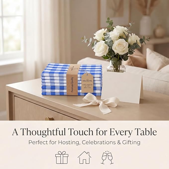 Urban Villa Cloth Napkins 100% Cotton Dinner Napkins Highly Absorbent 20x20 Inches (Set of 12) Blue White Buffalo Checks Reusable Washable Soft Durable Premium Napkins Ideal for Home Wedding Parties