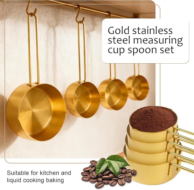 11 pcs Gold Measuring Cups and Spoons Set,Includes 4pcs Measuring Cups And 6pcs Magnetic Measuring Spoons & 1 Leveler,Stainless Steel is Ideal for Measuring Liquids And Dry Ingredients
