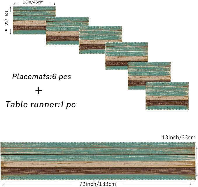 ArtSocket Farmhouse Table Runner and Placemats Set of 6, Blue Teal Green Board Painting Art Dining Decor for Daily Use(1 Table Runner 72 inches Long and 6 Placemats)