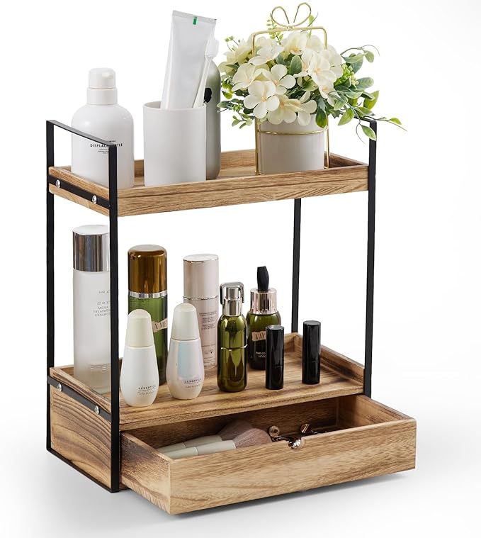 2-Tier Bathroom Organizer Countertop with Drawer, Wood Counter Shelf for Storage, Cosmetic Storage Vanity Tray for Bathroom Organization for Kitchen, Office