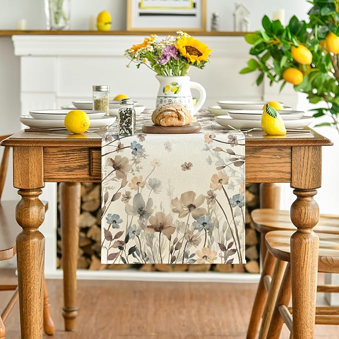 Artoid Mode Brown Poppy Flowers Floral Blossom Summer Table Runner, Fall Kitchen Dining Table Decoration for Home Party Decor 13x90 Inch