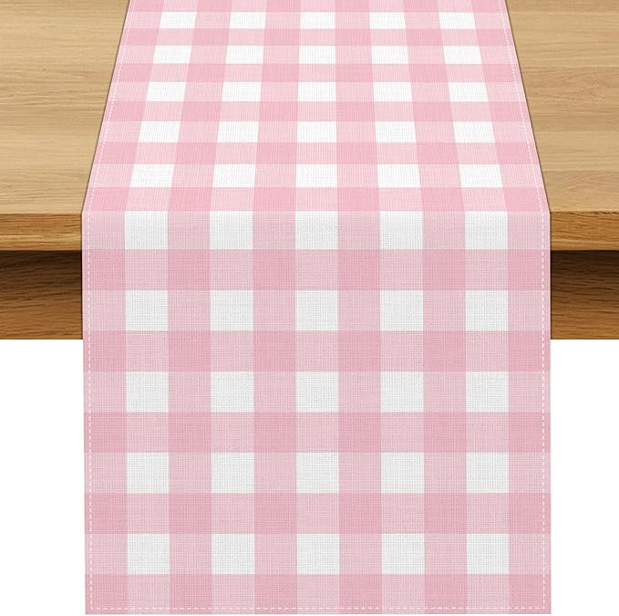 Cowgirl Pink Gingham Party Supplies Light Pink and White Checkered Table Runner Easter Baby Shower BBQ Picnic Home Kitchen Island Decor