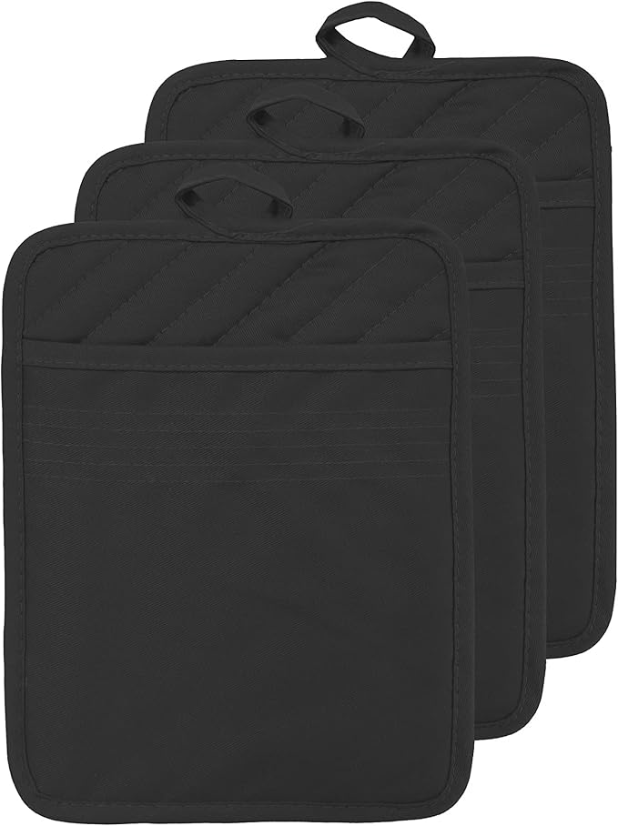 Oven Pot Holder with Pocket Cotton Heat Resistant Coaster Potholder Kitchen Hot Pad Oven Mitts for Cooking Square 7"x9" Set of 3 (Black)