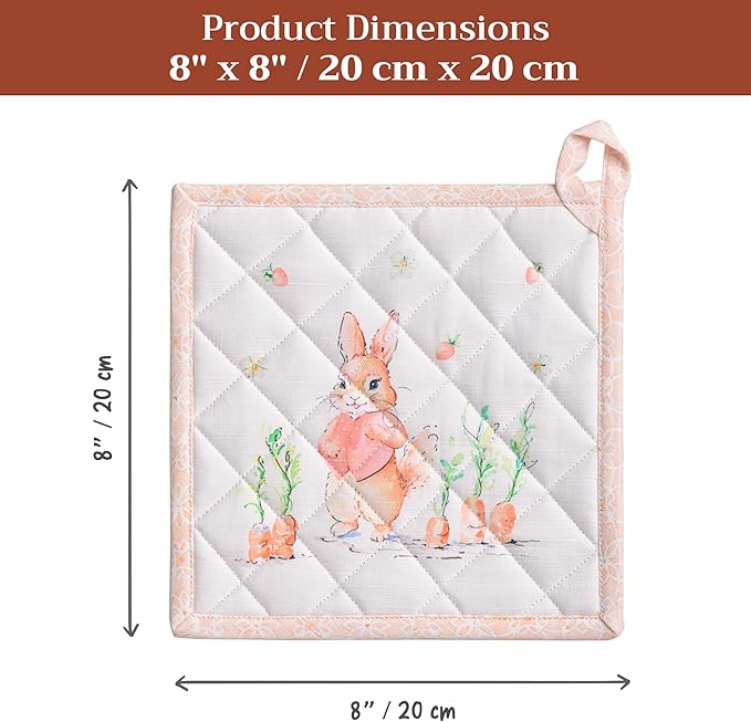 Maison d' Hermine Pot Holders 100% Cotton Heat Resistant Potholders 8" x 8" Hot Pads with Loop BBQ Cooking Baking Gifts for Mothers Day Handling Hot Pans Spring/Summer (Pack of 1, Bunny Party)
