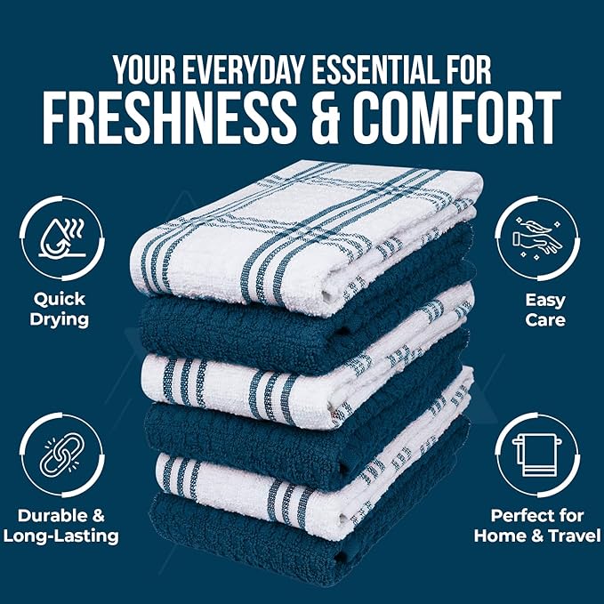 DAN RIVER Premium Kitchen Towels - [Pack of 12] 100% Cotton (16x 26 Inches) -Super Soft,Highly Absorbent, Quick Dry, Dish Towels for Kitchen Towels -Blue Opal