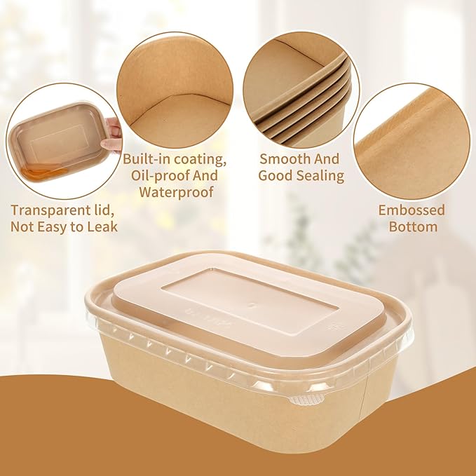 50 Pack 17oz Disposable Kraft Paper Bowls with Lids, Rectangle Meal Prep Containers Bulk, Large Paper Salad Bowl, Leakproof Food Containers Treat Soup Serving Bowls, Microwave Safe for Hot/Cold Food