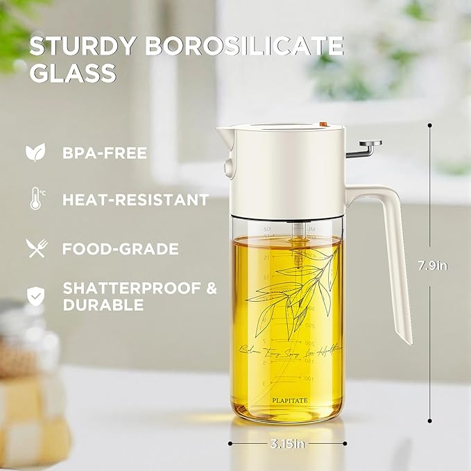 PLAPITATE 2Pcs 17oz Premium Olive Oil Sprayer for Cooking, 2 in 1 Glass Olive Oil Dispenser Bottle for Kitchen Gadgets, Spray Bottle with Portion Control for Salad, Frying, BBQ (Black & White)