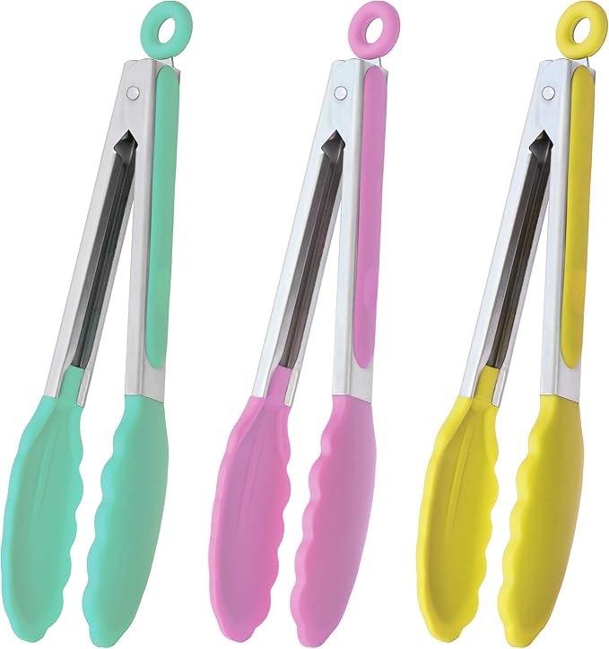 HINMAY Stainless Steel Kitchen Cooking Tongs with Silicone Tips 9-Inch Serving Tongs, Set of 3 (Mint Pink Yellow)