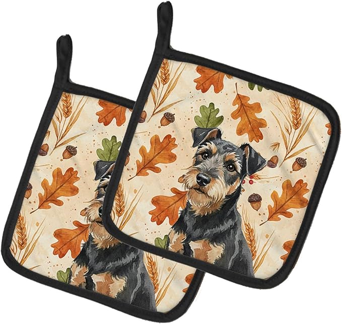 Caroline's Treasures Black and Tan Lakeland Terrier Heirloom Fall Pair of Pot Holders Pair 7.5x7.5 Quilted Insulated Hot Pads Decorative Kitchen Gift Made in USA