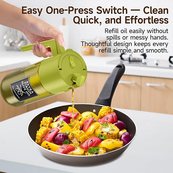 Oil Dispenser and Sprayer Set 16oz/500ml Olive Oil Dispenser for Cooking, 2 in 1 Spray and Pour Oil Bottle for Kitchen Air Fryer Salad Grilling, UV Resistant Glass（Black+Green）