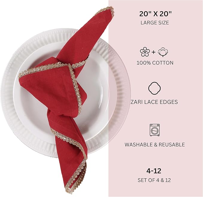 FINGERCRAFT Dinner Cloth Napkin Cotton Blend 12 Pack Mitered Corners with Elegant Golden Lace for Everyday Use Napkins are Pre Shrunk and Good Absorbency Wedding Christmas Special Color Tango Red