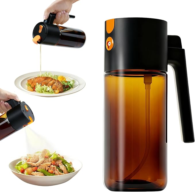 Olive Oil Spray Bottle Dispenser, 2-in-1 Glass Material Kitchen Cooking Oil Sprayer, 17 oz/500 ml Cooking Spray, Glass Spray Bottle with Tipper, Food Grade Spray for Kitchen, Salad, Frying, Barbecue