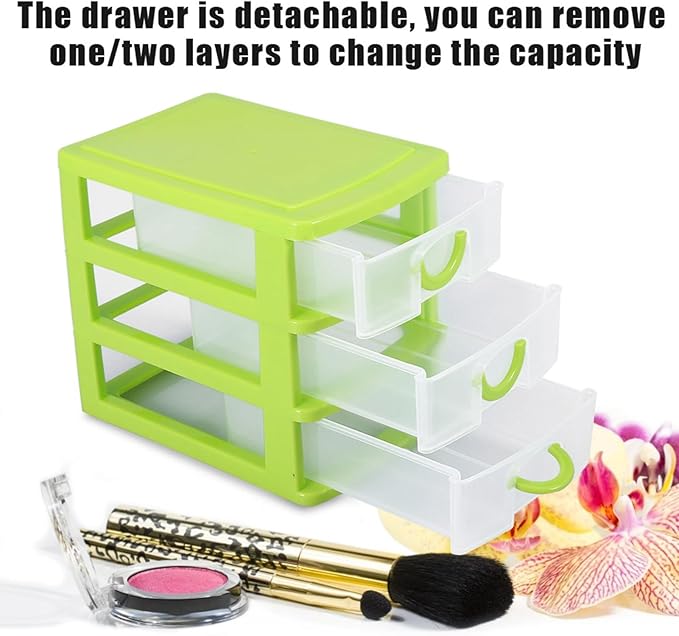 3 Tier Plastic Drawer Organizer with Adjustable Dividers, Compact Detachable Storage Box for Jewelry Makeup Accessories, Multi Purpose Home Office Bathroom Organization (3 Layers of Green)