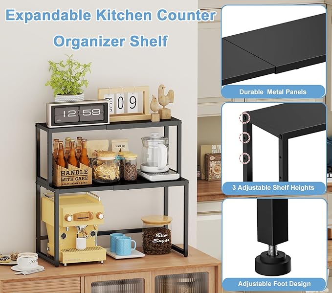 2 Pack Expandable Cabinet Countertop Shelves (Small + Large), Heavy Duty Metal Shelves Organizers For Kitchen Cabinet Countertop Storage, Adjustable Storage Shelf Organizer For Kitchen Cabinet Pantry