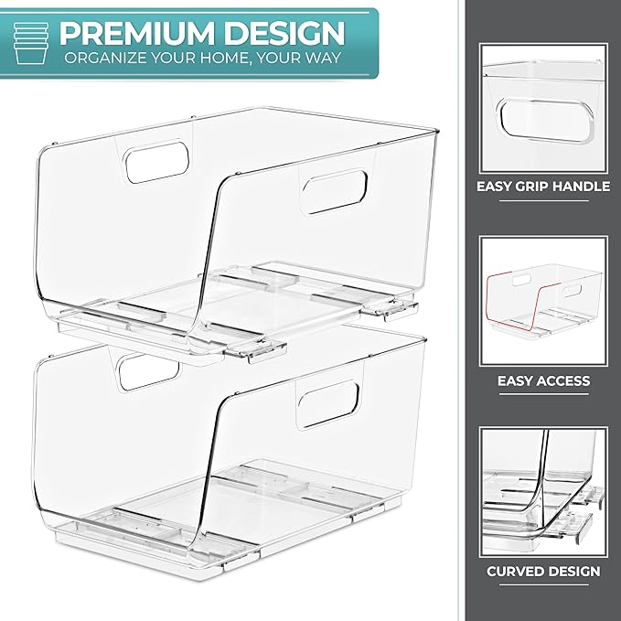 Sorbus Stackable Storage Bins Open Front - Pantry Bins for Storage and Organization for Kitchen - Clear Pantry Organizer Bins (Medium 4 Pack)