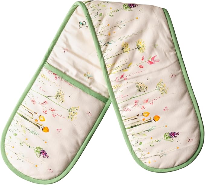 Maison d' Hermine Double Oven Mitts 100% Cotton 7"x35" Double Oven Mitt Heat Resistant BBQ Cooking Gloves with Loop Baking Grilling Gifts for Mothers Day Spring Summer (Botanical Fresh)