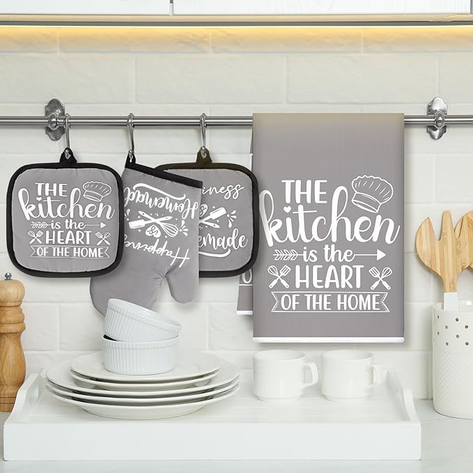 Sratte 6 Pcs Kitchen Decor Accessories Set Farmhouse Towels Pot Holders Oven Mitts Set 2 Dish Towels 2 Potholders 2 Cooking Mittens Oven Glove for Christmas Baking Cooking Supply(Gray,Kitchen)