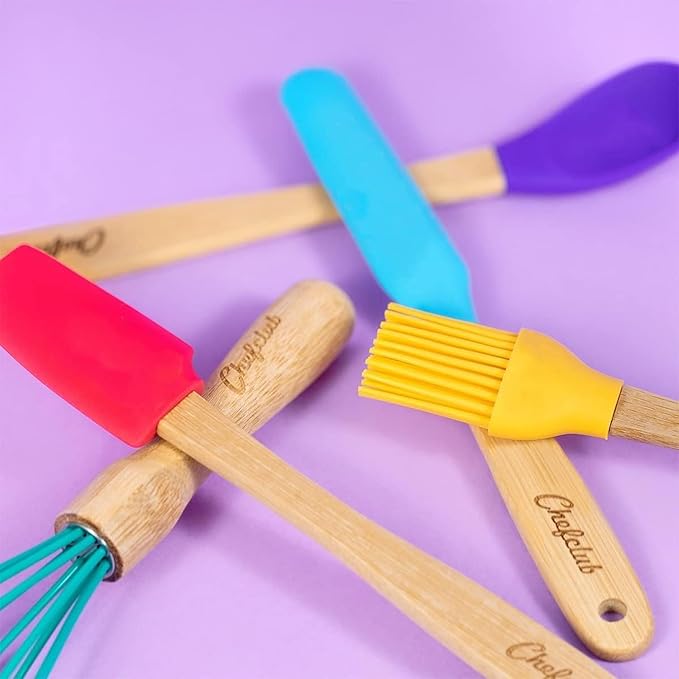 Chefclub Kids Montessori Cooking 5-Piece Utensils Set Heat Resistant Non Stick Silicone for Kids & Beginner Kitchen & Cookware Gadgets - Mixing, Whisking, Baking, Brushing