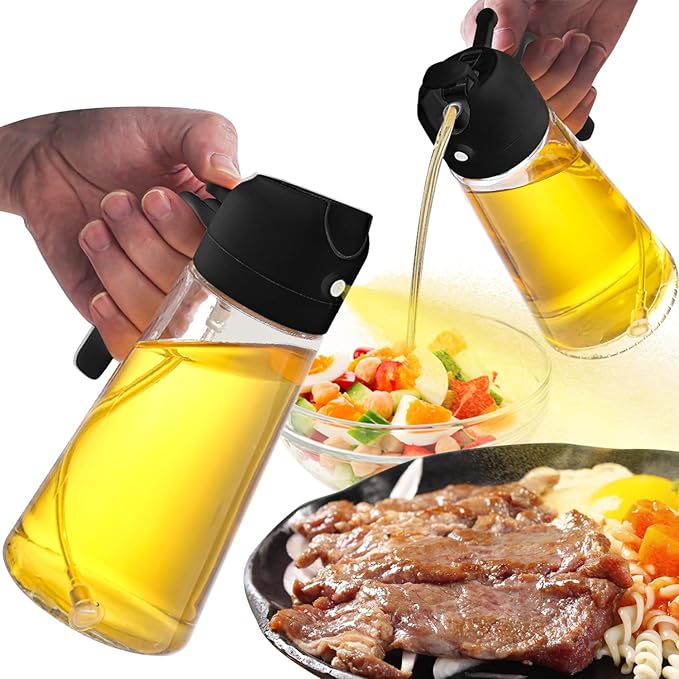 2 in 1 Oil Dispenser and Oil Sprayer,Oil Dispenser for Kitchen Spray,470ml Olive Oil Bottle,Cooking, Kitchen, Salad, Deep frying, Vinegar, Barbecue Spray Bottle (black)