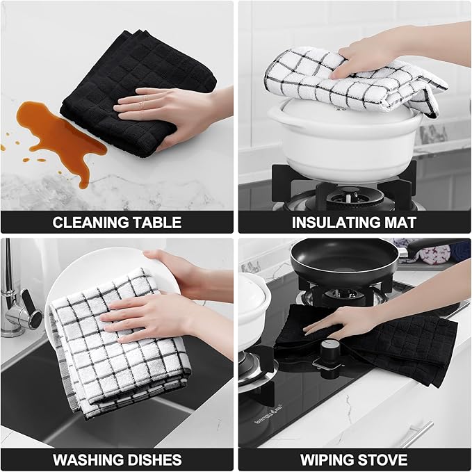 Homaxy Premium Cotton Kitchen Towels 16"x 28", Large Natural Ring Spun 390 GSM Dish Towels, Super Absorbent Terry Kitchen Hand Towels, Soft Tea Towels with Hanging Loop, Black Check Design, 6 Pack