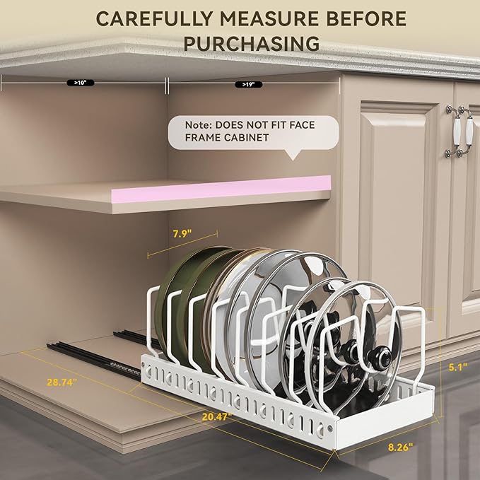 Pots and Pans Organizer Under Cabinet, Pull Out Pots and Pans Organizer, Expandable Sliding Lid Holder and Pan Rack for Pot Lid, Bakeware, Dishes, 10 Adjustable Dividers