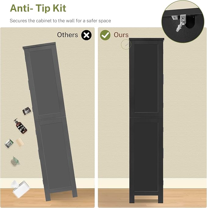 TEENFON 67” Storage Cabinet, Kitchen Pantry Cabinet with 4 Doors and 2 Adjustable Shelves, Cupboard, Tall Bathroom Cabinets for Living Room, Kitchen, Bathroom, Black