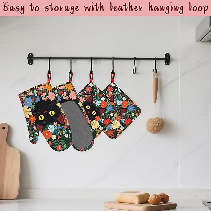 Funny Black Cat Heat-Resistant Silicone Oven Mitts and Pot Holders 4 Piece Set,Flower Field Extra Long Non-Slip Kitchen Oven Gloves for Cooking, Baking, BBQ,Grilling
