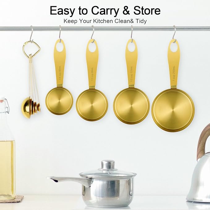 GuDoQi 9pcs 304 Stainless Steel Measuring Cups & Spoons, Stackable Long Handle Fits Narrow Jars, Golden Finish, Metric & US Measures for Dry/Liquid Ingredients, Rust-Proof for Baking & Cooking