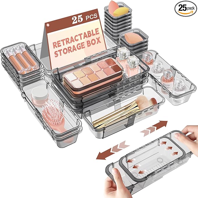 25 Pcs Clear Drawer Organizer, Adjustable Drawer Storage Box, 3-Size Desk Drawer Organizer, Acrylic Storage Bins for Makeup, Kitchen Utensils, Bedroom Dressers Tool Organizer for Gadgets, Black