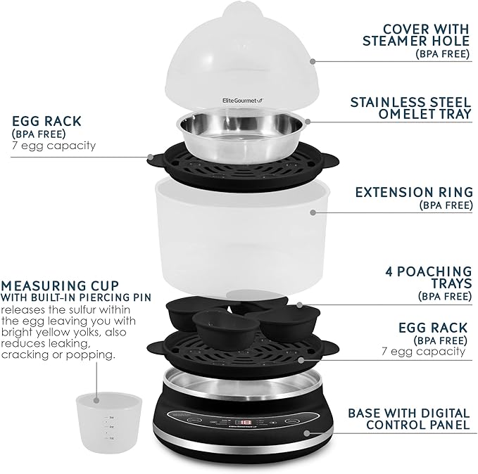 Elite Gourmet EGC314CB Digital Easy Egg Cooker Food Steamer, Poacher, Omelet, Soft, Medium, Hard-Boiled Egg with 6 Programmed Preset Functions, 2-Tiers, Measuring Cup, 14 egg capacity, Black