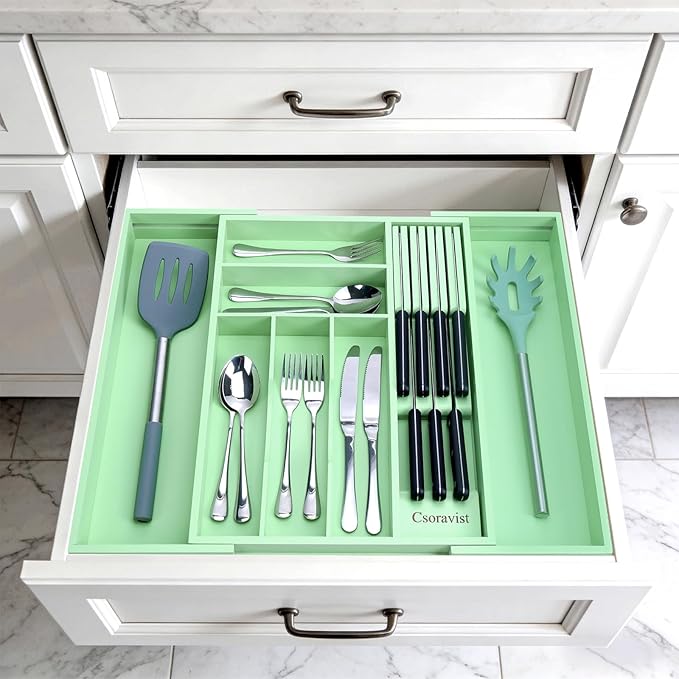 9-Piece Bamboo Kitchen Drawer Organizer Set, Expandable Silverware &Utensil Organizer with Removable Knife Block & Steak Knives, Flatware Organization, Tableware Dividers Storage(Cyan)