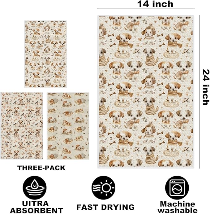 3 Pcs Vintage Goldendoodle Dog Kitchen Towels, Goldendoodle Gifts Decorative Microfiber Dish Cloth Tea Towel, Waffle Hand Towels for Farmhouse Home Bathroom, Dog Lover Gifts
