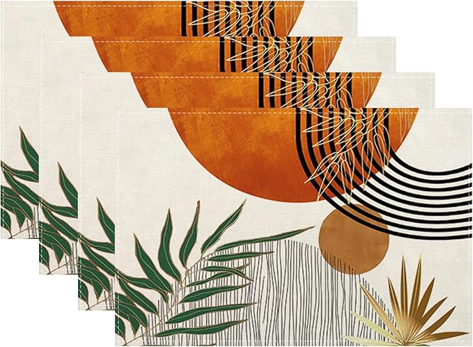 Mid Century Placemats Set of 4,12x18 Inches Boho Orange Green Tropical Leaf Decorative Placemats Modern Rectangle Table Mats for Party Home Kitchen Dining Table Decoration