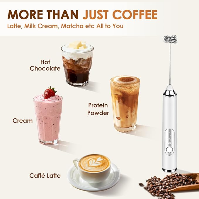 Handheld Milk Frother, rechargeable milk frother with 2 Stainless Steel Whisks 3 Speeds Electric Drink Mixer, Coffee Mixer Wand for Latte, Cappuccino, Matcha, Hot Chocolate, Egg (White)