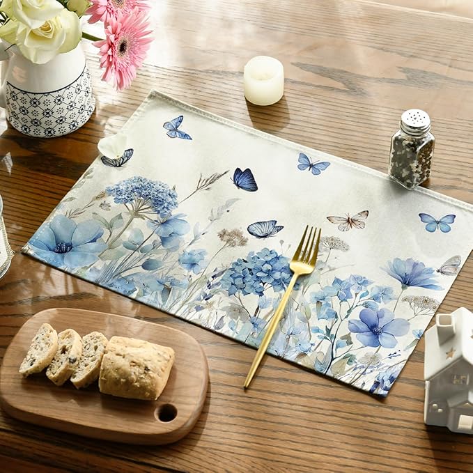 Artoid Mode Hydrangea Wildflowers Spring Placemats Set of 4, 12x18 Inch Seasonal Summer Holiday Table Mats for Party Kitchen Dining Decoration
