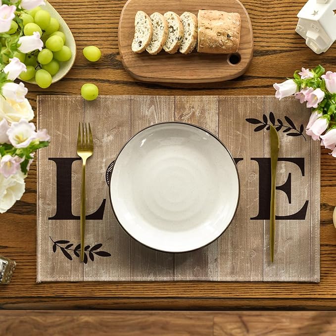 Artoid Mode Wood Love Family Home Together Buffalo Plaid Placemats Set of 4, 12x18 Inch Farmhouse Table Mats Party Kitchen Dining Decoration